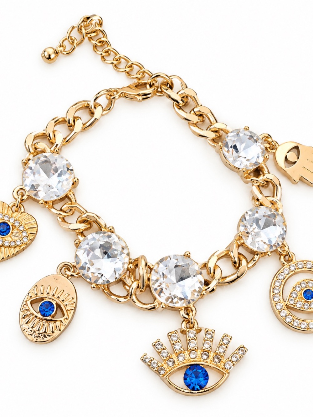Gold-Tone Blue Eye Charm Bracelet with Clear Crystal Accents